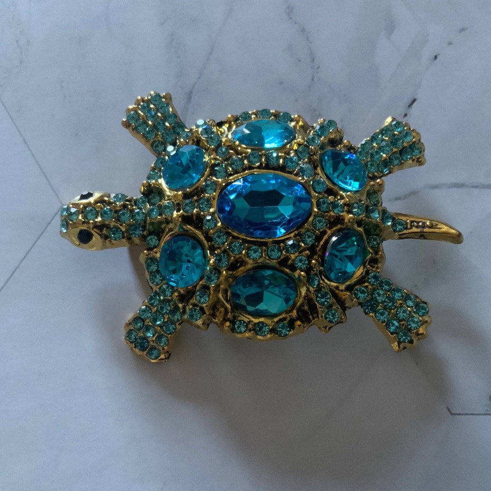 Vintage Style Blue Crystal Rhinestone Turtle Brooch Pin Gold Tone Tortoise 2" - Picture 3 of 5